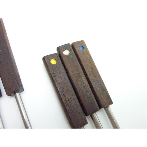 Vintage Stainless Steel Fondue Forks Teak Brown Wood Handles 2 sizes - Picture 3 of 4